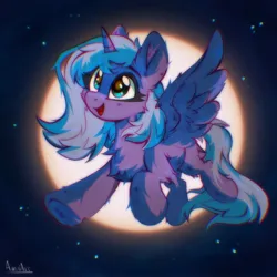 Size: 3000x3000 | Tagged: safe, artist:aureai, artist:aureaiart, derpibooru import, princess luna, alicorn, pony, cheek fluff, chest fluff, cute, ear fluff, female, filly, filly luna, fluffy, flying, full moon, high res, horn, image, jpeg, lunabetes, moon, open mouth, open smile, smiling, solo, spread wings, tail, underhoof, wings, woona, younger