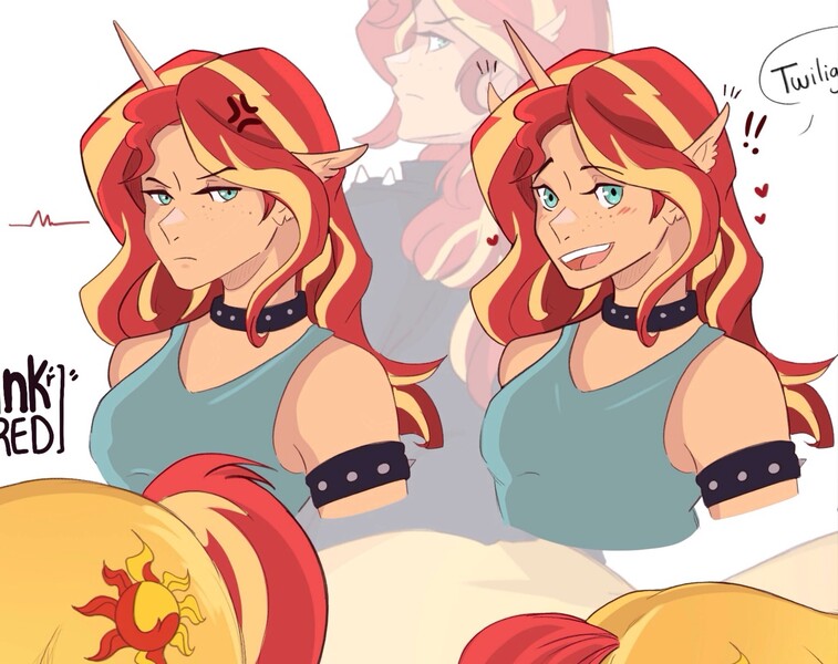 Size: 2048x1623 | Tagged: safe, artist:inkrred, derpibooru import, sunset shimmer, centaur, g4, bust, centaurified, choker, cross-popping veins, emanata, exclamation point, female, furrowed brow, heart, image, implied lesbian, implied shipping, implied sunsetsparkle, implied twilight sparkle, jpeg, light skin, looking at you, open mouth, open smile, simple background, smiling, smiling at you, species swap, spiked armband, spiked choker, white background, zoom layer