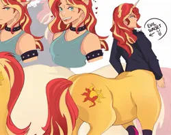 Size: 2048x1623 | Tagged: safe, artist:inkrred, derpibooru import, sunset shimmer, centaur, g4, bunset shimmer, butt, centaurified, choker, floating heart, heart, horn, image, jpeg, light skin, looking at you, looking back, looking back at you, open mouth, open smile, plot, simple background, smiling, solo, species swap, spiked armband, spiked choker, white background, zoom layer