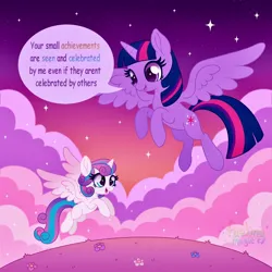 Size: 1500x1500 | Tagged: safe, artist:faelingmagic, derpibooru import, princess flurry heart, twilight sparkle, alicorn, pony, g4, cloud, duo, flower, flying, image, jpeg, open mouth, sky, speech bubble, sunset