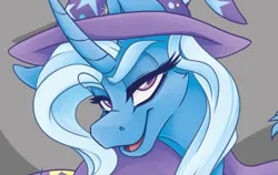 Size: 717x454 | Tagged: safe, artist:alzmariowolfe, derpibooru import, trixie, pony, unicorn, g4, bust, curved horn, female, horn, image, lidded eyes, looking at you, mare, open mouth, open smile, png, smiling, solo