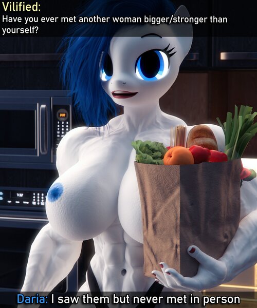 Size: 1707x2048 | Tagged: questionable, artist:dashie116, ponerpics import, oc, unofficial characters only, anthro, 3d, ask, bikini, bikini bottom, breasts, clothes, dialogue, female, food, image, jpeg, muscles, muscular female, nipples, nudity, swimsuit