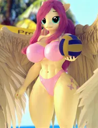 Size: 2200x2860 | Tagged: suggestive, artist:dashie116, ponerpics import, fluttershy, anthro, 3d, bikini, breasts, clothes, female, image, jpeg, muscles, muscular female, sports, swimsuit, volleyball