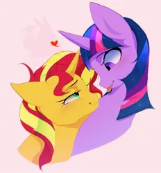 Size: 1341x1445 | Tagged: safe, artist:primechal, derpibooru import, sunset shimmer, twilight sparkle, pony, unicorn, g4, bust, female, heart, horn, image, jpeg, lesbian, looking at each other, looking at someone, shipping, solo, sunsetsparkle, tongue out