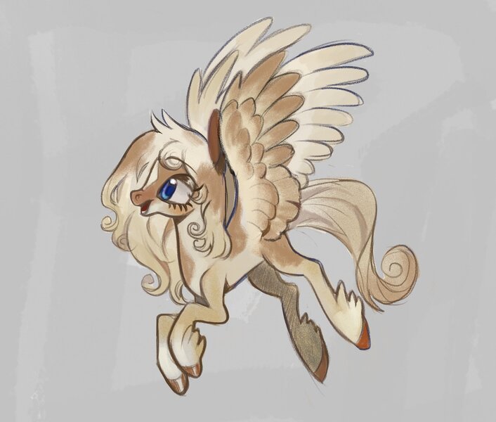 Size: 2048x1741 | Tagged: safe, artist:zackfurry111, derpibooru import, oc, unofficial characters only, pegasus, pony, blonde mane, brown wings, flying, gray background, image, jpeg, pegasus oc, side view, simple background, solo, spread wings, tan coat, tan wings, wings