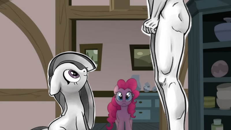 Size: 984x553 | Tagged: safe, artist:pencils, derpibooru import, edit, edited screencap, screencap, marble pie, pinkie pie, oc, oc:anon, earth pony, pony, cuckolding, cuckquean, female, grayscale, image, male, mare, monochrome, png, rock farm, sad, sitting