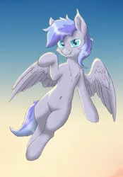 Size: 3520x5065 | Tagged: safe, artist:pzkratzer, derpibooru import, oc, oc:discoordination, unofficial characters only, pegasus, pony, belly, belly button, blue eyes, chest fluff, ear fluff, gradient background, image, looking at you, male, pegasus oc, pegasus wings, png, simple background, smiling, smiling at you, solo, spread wings, stallion, tail, two toned mane, two toned tail, wings