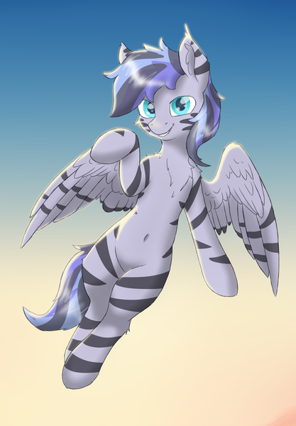 Size: 3520x5065 | Tagged: safe, alternate version, artist:pzkratzer, derpibooru import, oc, oc:discoordination, unofficial characters only, pegasus, pony, zebra, zebrasus, belly, belly button, blue eyes, chest fluff, ear fluff, gradient background, image, looking at you, male, pegasus oc, pegasus wings, png, simple background, smiling, smiling at you, solo, spread wings, stallion, tail, two toned mane, two toned tail, wings