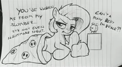 Size: 3822x2106 | Tagged: safe, artist:anonymous, oc, oc:rippone, pony, /mlp/, 4chan, alarm clock, clock, drawthread, female, image, jpeg, lidded eyes, looking at you, mare, morning ponies, side, skull, solo, tired, traditional art, woken up