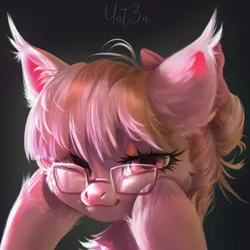 Size: 3000x3000 | Tagged: safe, artist:unt3n, derpibooru import, oc, oc:gelya, unofficial characters only, earth pony, pony, bust, chest fluff, cute, ear fluff, earth pony oc, eyelashes, female, glasses, high res, hoof fluff, hoof on cheek, hooves on cheeks, image, lighting, looking at you, mare, narrowed eyes, ocbetes, painting, pink coat, pink eyes, pink mane, png, portrait, render, shading, signature, smiling, smiling at you, solo