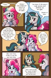 Size: 1496x2300 | Tagged: safe, artist:skysorbett, derpibooru import, oc, oc:sky sorbet, oc:smoky spectre, unofficial characters only, pegasus, pony, unicorn, comic:breaking free, choker, comic, female, flask, horn, hug, image, mare, png, speech bubble, talking