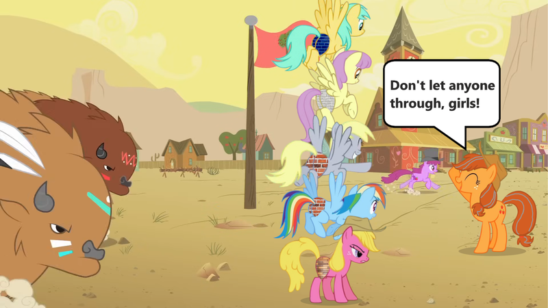 Size: 1920x1080 | Tagged: safe, derpibooru import, edit, edited screencap, screencap, applejack, berry punch, berryshine, cherry berry, derpy hooves, parasol, rainbow dash, sunshower raindrops, buffalo, earth pony, pegasus, pony, g4, over a barrel, angry, appleloosa, appleloosa resident, brick booty, bricks, butt, confident, female, flying, forced meme, grin, happy, image, male, mare, meme, plot, png, recolor, scared, smiling, speech bubble, spread wings, wings