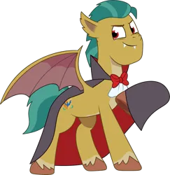 Size: 1211x1247 | Tagged: safe, artist:prixy05, derpibooru import, hitch trailblazer, bat pony, pony, g5, my little pony: tell your tale, bat ponified, bat wings, bowtie, cape, clothes, fangs, hitch batblazer, image, male, necktie, png, race swap, red eyes, simple background, solo, species swap, stallion, transparent background, vector, wings