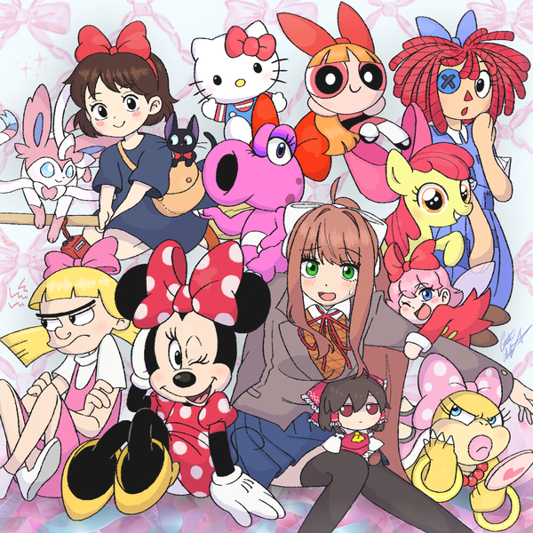 Size: 1622x1621 | Tagged: safe, artist:chris-thekid, derpibooru import, apple bloom, birdo, earth pony, human, pony, sylveon, g4, blossom (powerpuff girls), doki doki literature club, doki doki literature club!, fumo, hakurei reimu, helga pataki, hello kitty, hello kitty (character), hey arnold, image, jpeg, kiki's delivery service, kirby (series), mario bros., minnie mouse, monika, pokémon, ragatha, ribbon, sanrio, super mario bros., the amazing digital circus, the powerpuff girls, touhou, wendy o. koopa