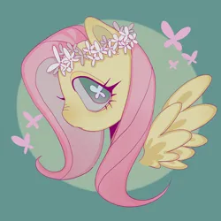 Size: 2000x2000 | Tagged: safe, artist:nimingxiwang168, derpibooru import, fluttershy, pegasus, pony, bust, floral head wreath, flower, image, png, portrait, side view, simple background, solo, teal background, wings