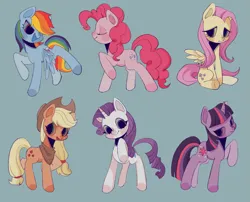 Size: 2475x2001 | Tagged: safe, artist:nimingxiwang168, derpibooru import, applejack, fluttershy, pinkie pie, rainbow dash, rarity, twilight sparkle, earth pony, pegasus, pony, unicorn, blue background, eyes closed, group, horn, image, mane six, open mouth, open smile, png, simple background, sitting, smiling, unicorn twilight