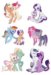 Size: 2760x4041 | Tagged: safe, artist:nimingxiwang168, derpibooru import, apple bloom, applejack, fluttershy, maud pie, pinkie pie, rarity, scootaloo, shining armor, sweetie belle, twilight sparkle, zephyr breeze, earth pony, pegasus, pony, unicorn, apple, apple bloom riding applejack, apple sisters, brother and sister, drawing, eyes closed, female, filly, foal, food, horn, image, male, mare, open mouth, png, scooter, siblings, simple background, sisters, smiling, stallion, white background