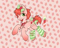 Size: 2035x1637 | Tagged: safe, artist:arnie_mae_, derpibooru import, oc, unofficial characters only, earth pony, pony, bow, bowtie, clothes, food, hair bow, image, jpeg, leg warmers, looking at you, necktie, solo, strawberry, strawberry shortcake, striped leg warmers, tail, tail bow