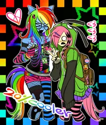 Size: 580x680 | Tagged: safe, artist:ymc0127, derpibooru import, fluttershy, rainbow dash, anthro, 20% cooler, antonymph, awesome face, backpack, belt, blushing, bracelet, clothes, cute, cute little fangs, fangs, female, fingerless gloves, fishnet clothing, fishnet gloves, fishnets, flutterdash, fluttgirshy, gir, glasses, gloves, hairpin, heart, hoodie, image, invader zim, jewelry, jpeg, lesbian, long sleeves, nail polish, necklace, open mouth, open smile, peace sign, pride, pride flag, ripped stockings, scene kid, shipping, shorts, skirt, smiling, socks, stockings, striped gloves, striped stockings, thigh highs, torn clothes, transgender pride flag