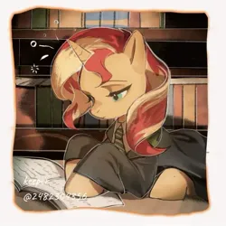 Size: 1280x1280 | Tagged: safe, artist:sunsetshimmer0808, derpibooru import, sunset shimmer, pony, unicorn, book, bookshelf, female, harry potter (series), horn, image, jpeg, mare, slytherin, solo, studying, text