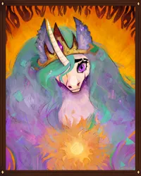 Size: 2425x3026 | Tagged: safe, artist:blavatflowers, derpibooru import, princess celestia, pony, bust, crying, curved horn, female, fire, high res, horn, image, jpeg, looking at you, mare, portrait, solo, sun