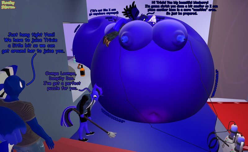 Size: 1760x1080 | Tagged: questionable, artist:rockystorm300, ponerpics import, trixie, oc, oc:vani, unofficial characters only, anthro, 3d, blueberry, blueberry inflation, breasts, dialogue, female, food, image, jpeg, male, milking machine, nipples, nudity, sweeping