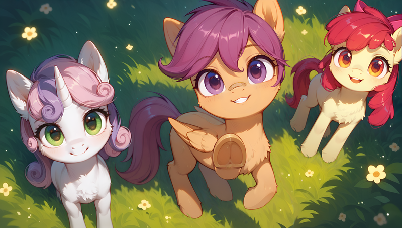 Size: 3840x2176 | Tagged: safe, ai content, derpibooru import, generator:tponynai3, machine learning assisted, machine learning generated, prompter:truekry, stable diffusion, apple bloom, scootaloo, sweetie belle, earth pony, pegasus, pony, unicorn, g4, bandaid, bipedal, bipedal leaning, blank flank, cute, cutie mark crusaders, female, flower, folded wings, grass, horn, image, leaning, looking at you, meadow, png, raised hoof, reaching, sitting, trio, trio female, underhoof, wallpaper, wings