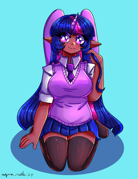 Size: 2550x3300 | Tagged: safe, artist:mylittleyuri, derpibooru import, twilight sparkle, twilight sparkle (alicorn), alicorn, human, g4, big breasts, blue background, breasts, busty twilight sparkle, clothes, dark skin, elf ears, eyebrows, eyebrows visible through hair, high res, horn, horned humanization, humanized, image, kneeling, looking offscreen, necktie, png, signature, simple background, skirt, smiling, socks, solo, stockings, thigh highs, vest, white pupils, winged humanization, wings