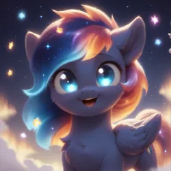 Size: 1360x1360 | Tagged: safe, ai content, derpibooru import, generator:bluefox mix, machine learning generated, prompter:adorablebluefox, stable diffusion, oc, unofficial characters only, pegasus, pony, g4, cheek fluff, chest fluff, cloud, cloudy, cute, ethereal mane, female, happy, image, looking at you, mare, open mouth, open smile, png, smiling, smiling at you, solo, standing, starry eyes, starry mane, wingding eyes, wings