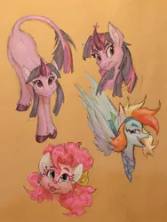 Size: 1620x2160 | Tagged: artist needed, safe, derpibooru import, pinkie pie, rainbow dash, twilight sparkle, classical unicorn, earth pony, pegasus, unicorn, cloven hooves, crooked horn, ear piercing, earring, eyelashes, female, horn, image, jewelry, jpeg, leonine tail, piercing, redesign, tongue out, traditional art, trio, trio female, unicorn twilight, unshorn fetlocks, wings