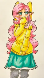 Size: 2085x3635 | Tagged: safe, artist:mylittleyuri, derpibooru import, fluttershy, human, blushing, clothes, cute, elf ears, female, humanized, image, jpeg, leggings, shyabetes, skirt, solo, sweater, sweatershy, traditional art, winged humanization, wings