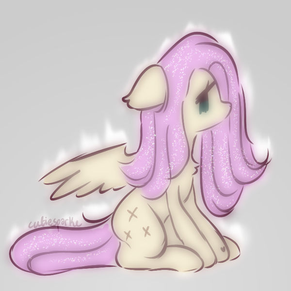 Size: 730x730 | Tagged: safe, artist:cutiesparke, derpibooru import, fluttershy, pegasus, pony, g4, alternate hairstyle, aura, chest fluff, ear fluff, female, gray background, hoof heart, image, png, simple background, sitting, solo, sparkles, spread wings, underhoof, wings