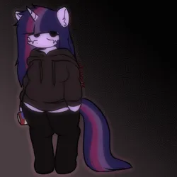 Size: 946x946 | Tagged: safe, artist:cutiesparke, derpibooru import, twilight sparkle, pony, semi-anthro, unicorn, g4, alcohol, alternate hairstyle, beer, beer can, brown background, cheek fluff, chubby, clothes, drink, ear fluff, female, gradient background, hoodie, horn, image, png, simple background, socks, solo, standing, stockings, thigh highs, unicorn twilight