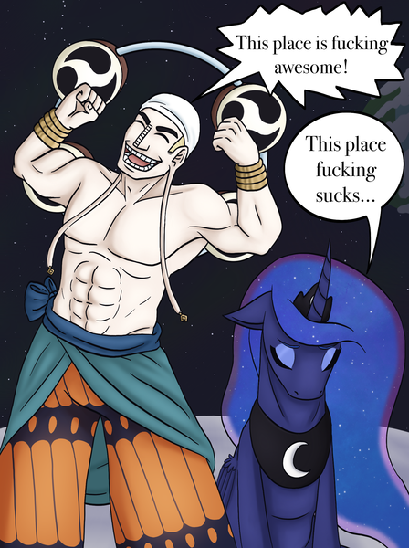 Size: 1784x2388 | Tagged: safe, artist:theedgyduck, derpibooru import, princess luna, alicorn, human, pony, bracelet, clothes, crossover, crown, dialogue, duo, duo male and female, enel, eyes closed, eyeshadow, female, image, jewelry, makeup, male, mare, moon, on the moon, one piece, partial nudity, png, regalia, sitting, topless, vulgar