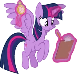 Size: 745x720 | Tagged: safe, derpibooru import, edit, edited screencap, editor:homersimpson1983, screencap, twilight sparkle, twilight sparkle (alicorn), alicorn, g4, background removed, clipboard, female, image, levitation, magic, not a vector, pencil, png, solo, stopwatch, telekinesis, watch