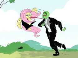 Size: 4000x3000 | Tagged: safe, anonymous artist, derpibooru import, fluttershy, oc, oc:anon, human, pegasus, pony, assertive, blushing, clothes, dress, female, flying, image, male, mare, mouth hold, necktie, png, pulling, suit