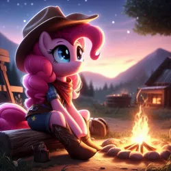 Size: 1024x1024 | Tagged: safe, ai content, derpibooru import, machine learning generated, pinkie pie, earth pony, pony, g4, boots, campfire, clothes, cowboy hat, cowgirl, female, fire, hat, image, jpeg, mountain, night, outdoors, prompter:pinkiepiepics, shoes, solo, stars, united states