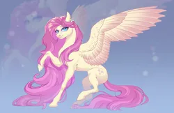 Size: 4121x2673 | Tagged: safe, artist:copshop, derpibooru import, fluttershy, pegasus, pony, female, image, long mane, looking at you, mare, png, raised hoof, raised leg, solo, spread wings, wings, zoom layer