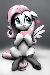 Size: 768x1152 | Tagged: safe, ai content, derpibooru import, machine learning generated, prompter:foxpony, stable diffusion, fluttershy, pegasus, pony, g4, clothes, cute, emanata, generator:pony diffusion v6 xl, grin, heart, hoof hold, image, looking away, nervous, nervous grin, png, shy, shyabetes, simple background, sitting, smiling, socks, solo, spread wings, wingboner, wings