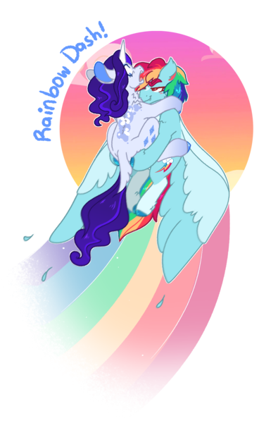 Size: 1396x2118 | Tagged: safe, artist:queerhorses, derpibooru import, rainbow dash, rarity, pony, alternate design, female, holding a pony, image, lesbian, png, rainbow trail, ship:raridash, shipping