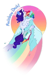 Size: 1396x2118 | Tagged: safe, artist:queerhorses, derpibooru import, rainbow dash, rarity, pony, alternate design, female, holding a pony, image, lesbian, png, rainbow trail, ship:raridash, shipping