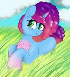 Size: 2082x2277 | Tagged: safe, artist:marbatra, derpibooru import, pony, unicorn, g5, chest fluff, freckles, grass, happy, horn, image, lying down, lying in grass, misty brightdawn, png, prone, smiling