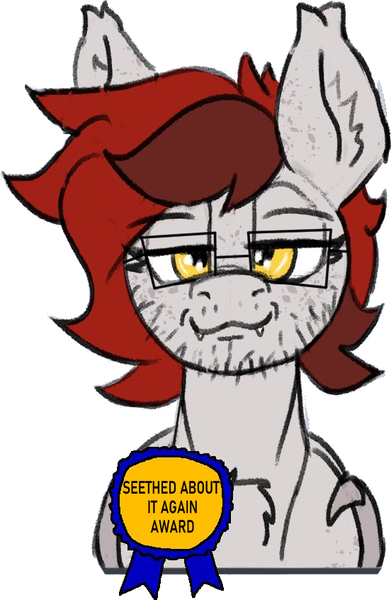 Size: 552x846 | Tagged: safe, artist:anonymous, oc, oc:reddthebat, unofficial characters only, bat pony, pony, 4chan, award, fangs, image, looking at you, male, png, simple background, smug, solo, stallion, stubble, trap, white background