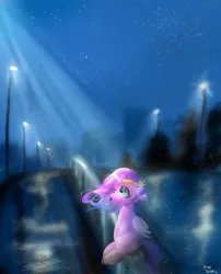 Size: 1651x2048 | Tagged: safe, artist:petaltwinkle, derpibooru import, pipp petals, pegasus, pony, g5, crying, female, image, jpeg, mare, night, night sky, outdoors, railing, sad, scenery, sitting, sky, solo, street, streetlight