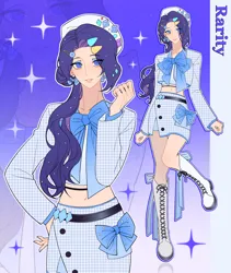 Size: 2598x3071 | Tagged: safe, artist:fantakun, derpibooru import, rarity, human, clothes, gradient background, humanized, image, knee high boots, outline, png, skirt, solo, sparkles, text, white outline