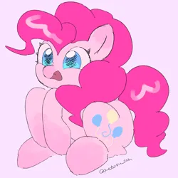 Size: 4096x4096 | Tagged: safe, artist:metaruscarlet, derpibooru import, pinkie pie, earth pony, pony, g4, image, pink background, png, raised hoof, simple background, sitting, solo, tongue out