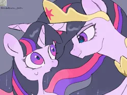 Size: 4096x3072 | Tagged: safe, artist:metaruscarlet, derpibooru import, princess twilight 2.0, twilight sparkle, twilight sparkle (alicorn), alicorn, pony, unicorn, the last problem, crown, duality, glow, glowing horn, horn, image, jewelry, looking at each other, looking at someone, older, older twilight, older twilight sparkle (alicorn), open mouth, png, redraw, regalia, self paradox, self ponidox, shocked, simple background, smiling, surprised, sweat, sweatdrop, time paradox, unicorn twilight