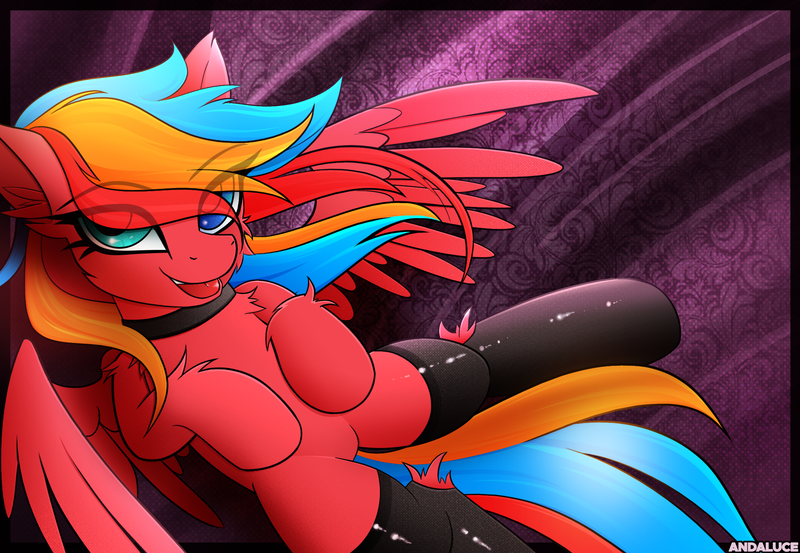 Size: 2000x1383 | Tagged: safe, artist:andaluce, derpibooru import, oc, oc:gaffy, pegasus, bed, chest fluff, clothes, collar, cute, ear fluff, hockless socks, image, lying down, ocbetes, png, smiling, socks, solo, spread wings, wings