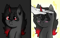 Size: 1364x862 | Tagged: safe, artist:thomas.senko, derpibooru import, king sombra, oc, oc:shade starlight, pony, unicorn, angry, black hair, blushing, commission, dark skin, hand, happy, head pat, horn, image, long hair, pat, png, red eyes, red hair, sparkles, ych result