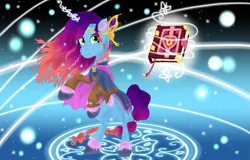 Size: 1253x802 | Tagged: safe, artist:bluestar386, derpibooru import, butterfly, insect, pony, unicorn, g5, accessory, alternate dimension, alternate hairstyle, book, clothes, female, glow, glowing horn, horn, image, levitation, mage, magic, magic aura, magic book, magic circle, magical girl, mare, misty brightdawn, png, rebirth misty, solo, space, spellbook, telekinesis